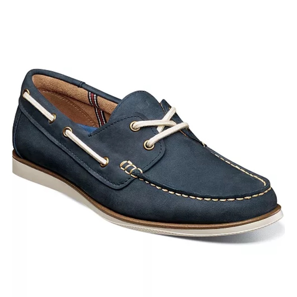 Florsheim Atlantic Moc Toe Navy Blue Leather Boat Shoe Tie Loafers Mens Sz 7.5